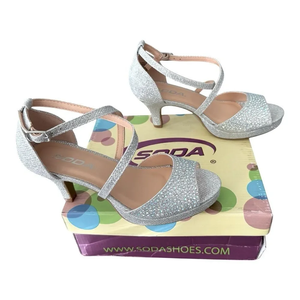 Soda Yuchi Silver Rhinestone Strappy Heels Girls Size 2 Little Kid Dress Shoes⁠